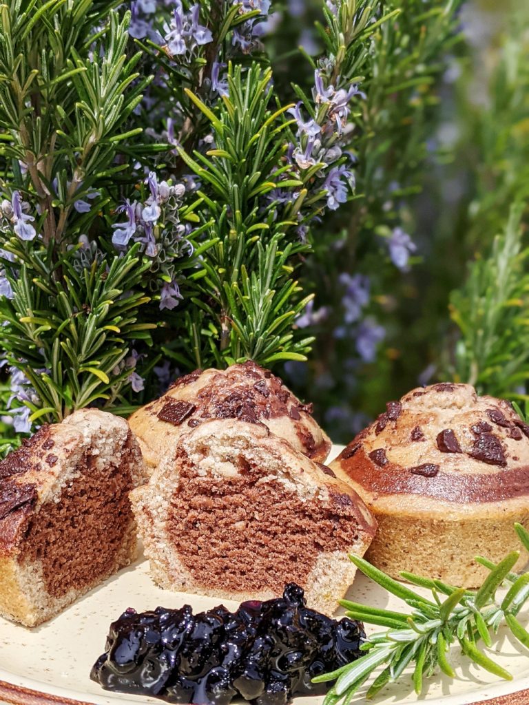 Vegan cocoa swirl muffins with chocolate chunks, gluten-free.