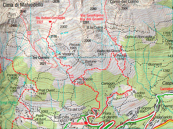 La mappa con l'itinerario di salita al Bivacco Bottani