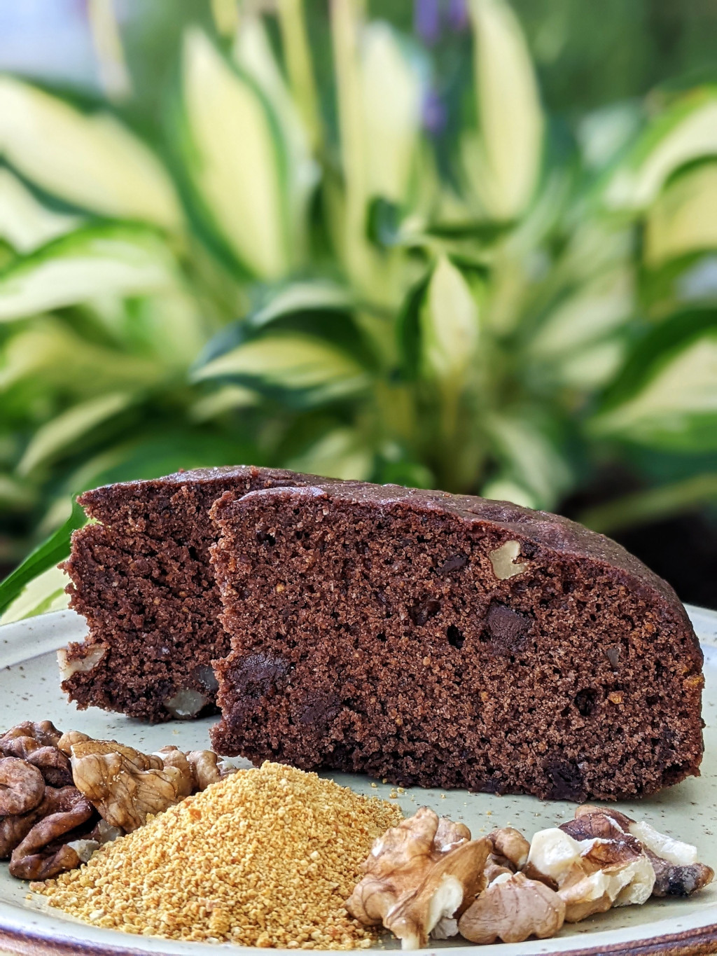 Torta vegana al cioccolato, polvere di arancia e noci